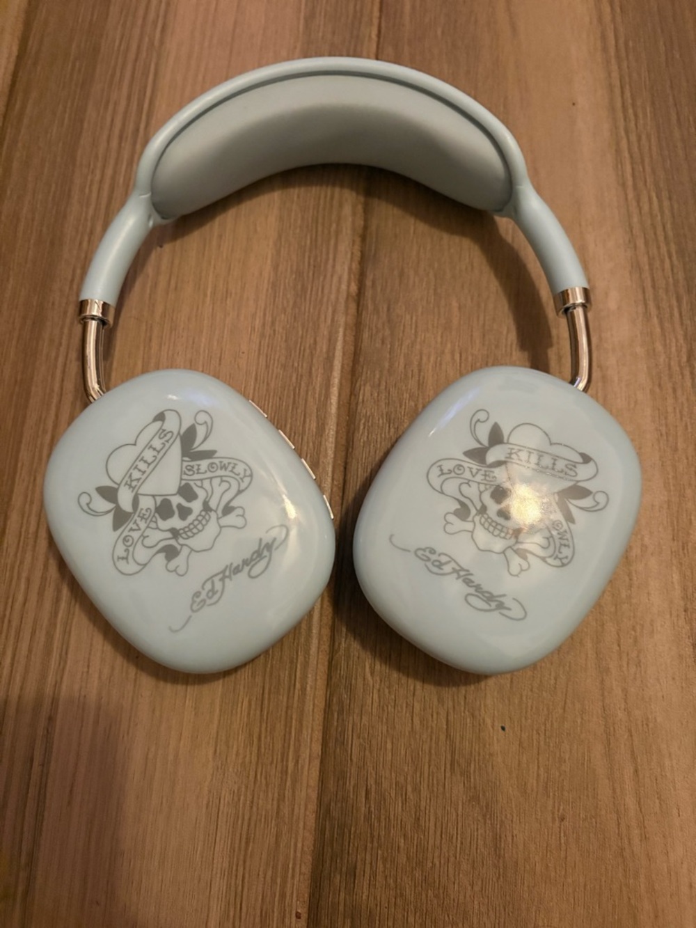 Ed Hardy Pale Blue Over-Ear Headphones with Skull Graphic